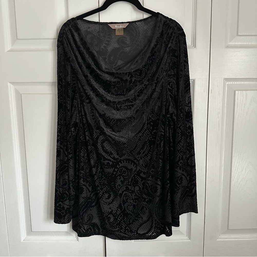 TanJay Top Womens 1X Black Burnout Velvet Cowl Neck Long Sleeve Holiday Dressy